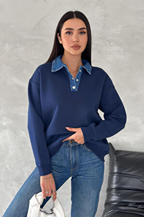 Kadın Denim Yakalı Sweatshirt – Sportif & Şehirli Konfor