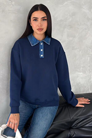 Kadın Denim Yakalı Sweatshirt – Sportif & Şehirli Konfor