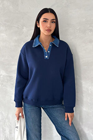 Kadın Denim Yakalı Sweatshirt – Sportif & Şehirli Konfor