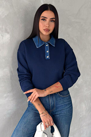 Kadın Denim Yakalı Sweatshirt – Sportif & Şehirli Konfor