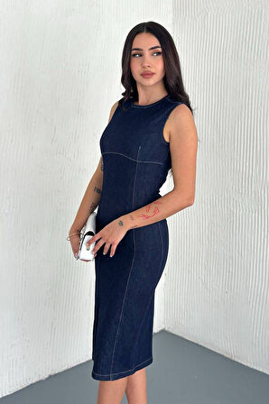 Kadın Likralı Fermuarlı Denim Elbise – Esnek & Vücuda Oturan Stil