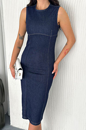 Kadın Likralı Fermuarlı Denim Elbise – Esnek & Vücuda Oturan Stil