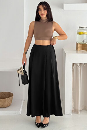 Kadın Saten Volanlı Uzun Etek – Akıcı & Zarif Stil