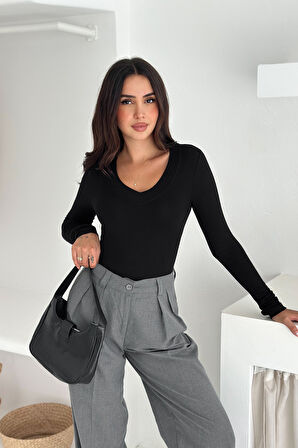 Kadın Likralı V Yaka Uzun Kollu Bluz – Esnek & Günlük Şıklık