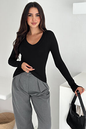 Kadın Likralı V Yaka Uzun Kollu Bluz – Esnek & Günlük Şıklık