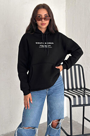 Kadın Güney Kore Şehir Baskılı Kapüşonlu Sweatshirt – Sokak & Kültürel Stil