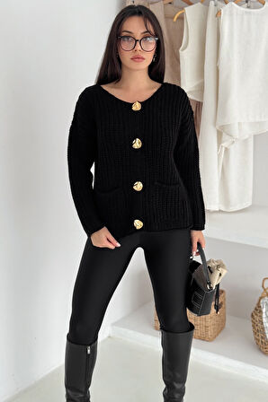 Kadın Altın Düğmeli Dokulu Örgü Hırka – Zarif & Vintage Dokunuş