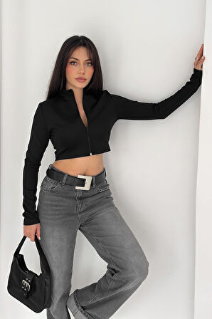 Kadın Fermuarlı Crop Ceket – Dinamik & Modern Stil