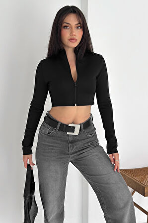 Kadın Fermuarlı Crop Ceket – Dinamik & Modern Stil
