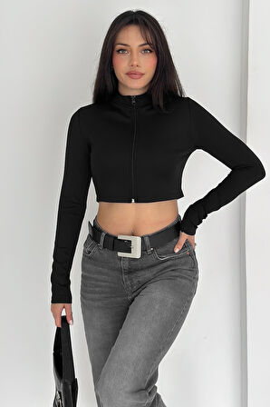 Kadın Fermuarlı Crop Ceket – Dinamik & Modern Stil