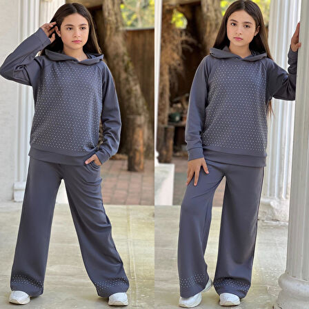 Taşlı Detaylı Kapüşonlu Kız Çocuk Eşofman Takımı – 6/16 Yaş (31494)