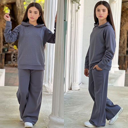 Taşlı Detaylı Kapüşonlu Kız Çocuk Eşofman Takımı – 6/16 Yaş (31494)