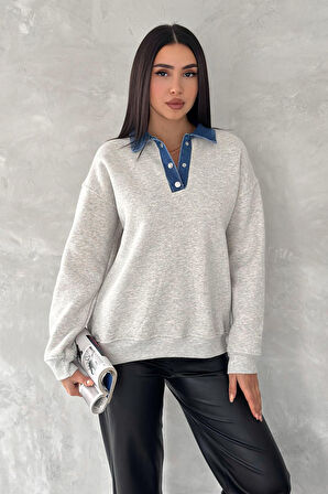 Kadın Denim Yakalı Sweatshirt – Sportif & Şehirli Konfor
