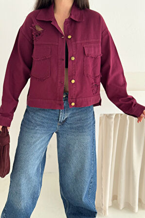 Kadın Yırtık Detaylı Crop Ceket – Dinamik & Sokak Stili