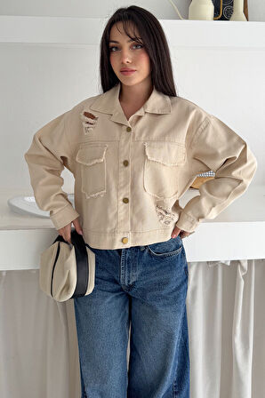 Kadın Yırtık Detaylı Crop Ceket – Dinamik & Sokak Stili