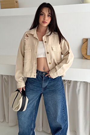 Kadın Yırtık Detaylı Crop Ceket – Dinamik & Sokak Stili