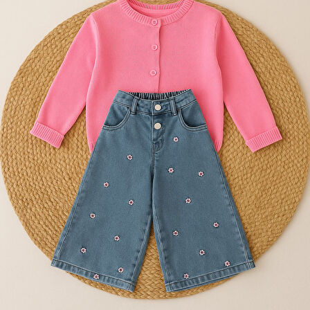 Çiçek Detaylı Kot Pantolon & Triko Ceketli Takım - 2/10 Yaş - 31498