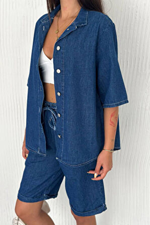 Kadın Denim Gömlek & Short Takım – Sportif & Modern Stil