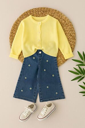 Çiçek Detaylı Kot Pantolon & Triko Ceketli Takım - 2/10 Yaş - 31498