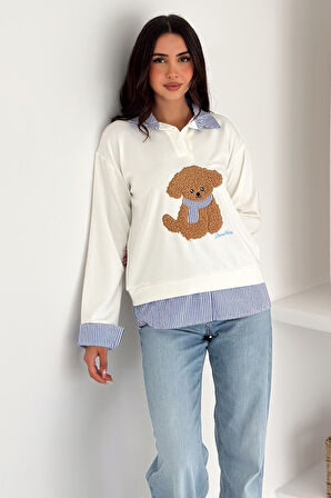 Kadın Nakış Peluş Ayıcık Figürlü Sweatshirt – Eğlenceli & Şehirli Stil