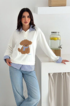 Kadın Nakış Peluş Ayıcık Figürlü Sweatshirt – Eğlenceli & Şehirli Stil