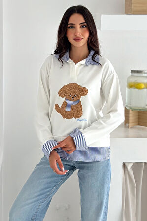 Kadın Nakış Peluş Ayıcık Figürlü Sweatshirt – Eğlenceli & Şehirli Stil