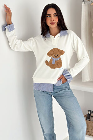 Kadın Nakış Peluş Ayıcık Figürlü Sweatshirt – Eğlenceli & Şehirli Stil