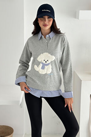 Kadın Nakış Peluş Ayıcık Figürlü Sweatshirt – Eğlenceli & Şehirli Stil