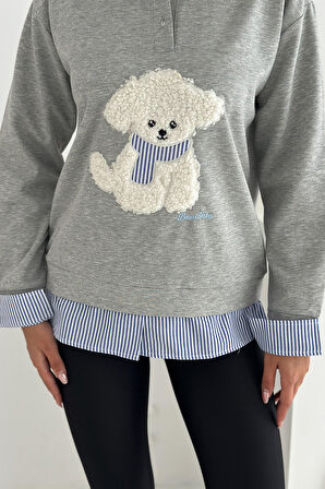 Kadın Nakış Peluş Ayıcık Figürlü Sweatshirt – Eğlenceli & Şehirli Stil