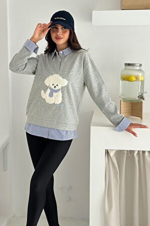 Kadın Nakış Peluş Ayıcık Figürlü Sweatshirt – Eğlenceli & Şehirli Stil