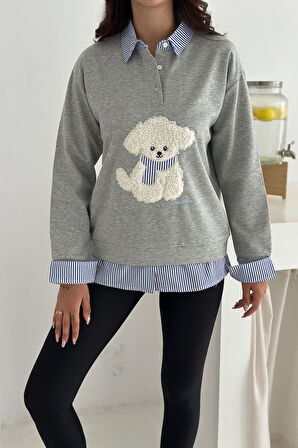Kadın Nakış Peluş Ayıcık Figürlü Sweatshirt – Eğlenceli & Şehirli Stil