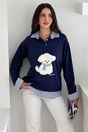 Kadın Nakış Peluş Ayıcık Figürlü Sweatshirt – Eğlenceli & Şehirli Stil