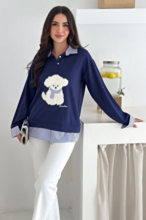Kadın Nakış Peluş Ayıcık Figürlü Sweatshirt – Eğlenceli & Şehirli Stil
