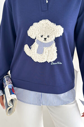 Kadın Nakış Peluş Ayıcık Figürlü Sweatshirt – Eğlenceli & Şehirli Stil