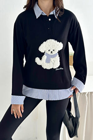 Kadın Nakış Peluş Ayıcık Figürlü Sweatshirt – Eğlenceli & Şehirli Stil