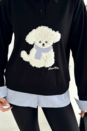 Kadın Nakış Peluş Ayıcık Figürlü Sweatshirt – Eğlenceli & Şehirli Stil