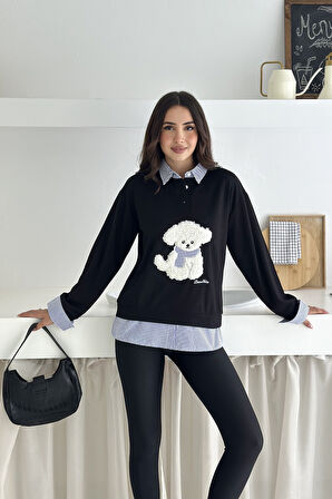 Kadın Nakış Peluş Ayıcık Figürlü Sweatshirt – Eğlenceli & Şehirli Stil