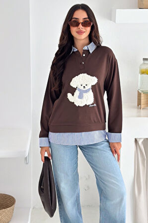 Kadın Nakış Peluş Ayıcık Figürlü Sweatshirt – Eğlenceli & Şehirli Stil