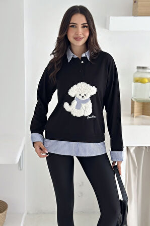 Kadın Nakış Peluş Ayıcık Figürlü Sweatshirt – Eğlenceli & Şehirli Stil