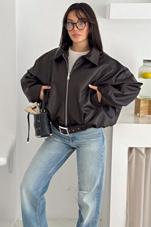 Kadın Oversize Deri Ceket – Güçlü & Sokak Stili