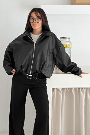 Kadın Oversize Deri Ceket – Güçlü & Sokak Stili