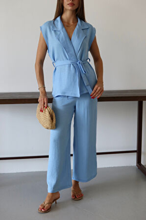 Balenbi Kadın Kuşaklı Yelek Palazzo Keten Takım 1097