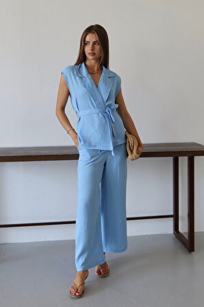 Balenbi Kadın Kuşaklı Yelek Palazzo Keten Takım 1097