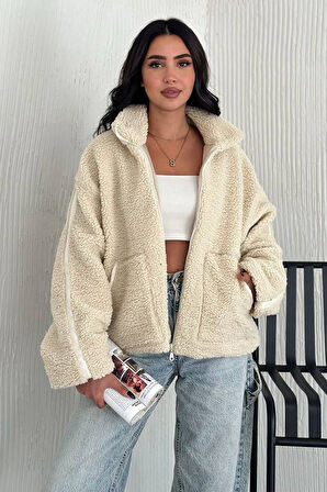 Kadın Sherpa Dokulu Fermuarlı Ceket – Yumuşak & Şehirli Stil