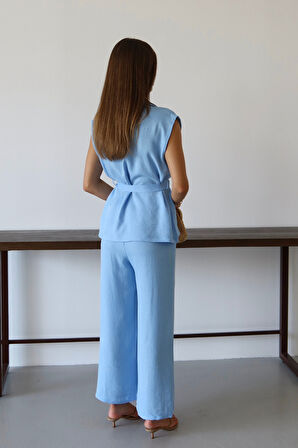 Balenbi Kadın Kuşaklı Yelek Palazzo Keten Takım 1097