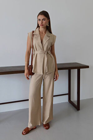 Balenbi Kadın Kuşaklı Yelek Palazzo Keten Takım 1097