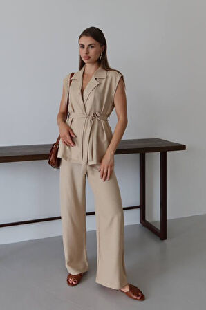 Balenbi Kadın Kuşaklı Yelek Palazzo Keten Takım 1097