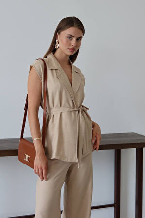 Balenbi Kadın Kuşaklı Yelek Palazzo Keten Takım 1097