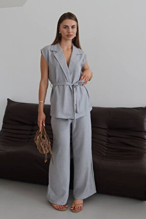 Balenbi Kadın Kuşaklı Yelek Palazzo Keten Takım 1097