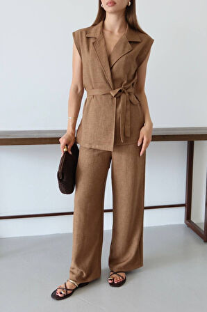 Balenbi Kadın Kuşaklı Yelek Palazzo Keten Takım 1097